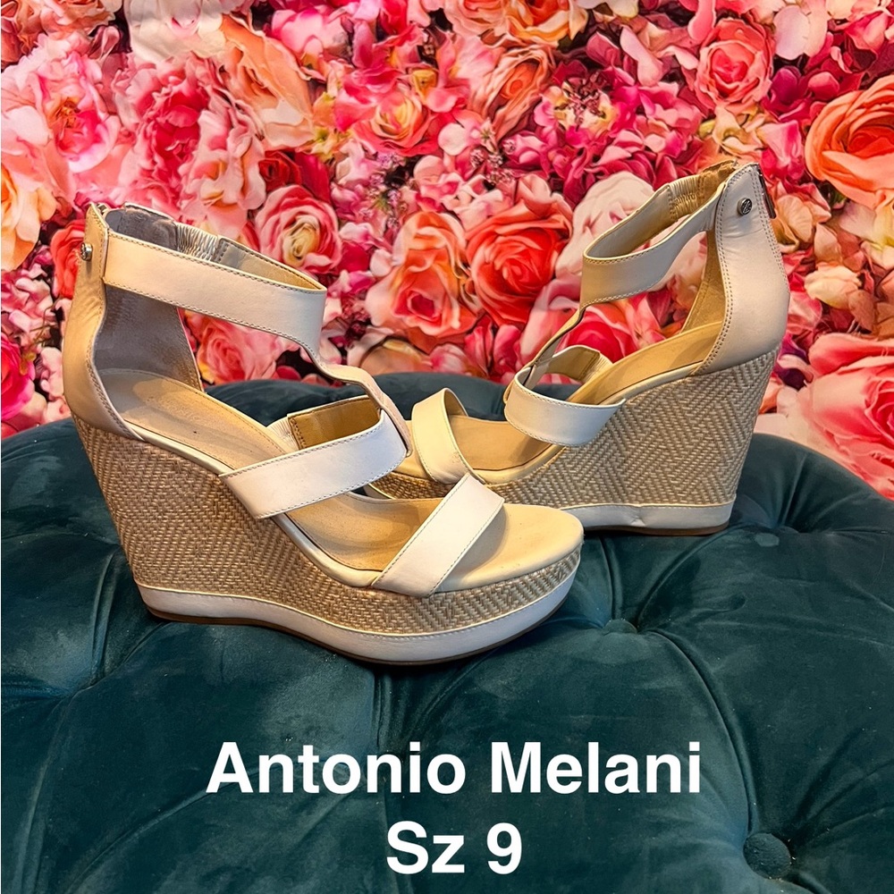 Antonio Melani Cream Wedge Sandals with Ankle Strap